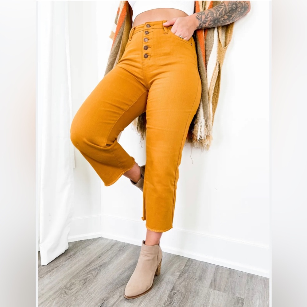 Judy Blue Mustard High-Rise Button Front Cropped Pants